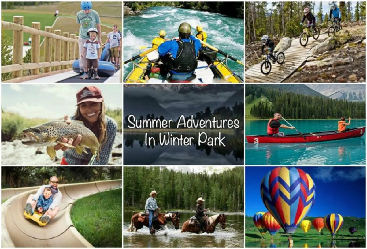 A vibrant outdoor summer scene featuring families enjoying a wide range of activities: rafting on the river, biking along scenic trails, fishing by a lake, children sliding in a play area, horseback riding, and hot air balloons floating in the sky. The landscape is lush and inviting, embodying a spirit of adventure and togetherness.