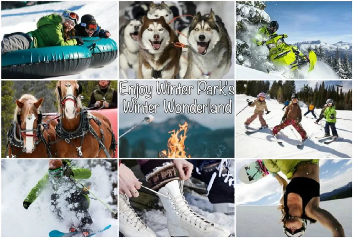 The image depicts a lively winter scene filled with people participating in various outdoor activities such as snow tubing, dog sledding, snowmobiling, horseback riding, skiing, and ice skating. A cozy fire burns nearby, and laughter and excitement are evident among the participants. The snowy landscape and joyful expressions create a sense of adventure and fun.