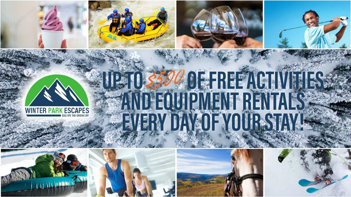 A vibrant scene featuring people engaged in a variety of exciting outdoor activities, such as white-water rafting, skiing, golfing, and enjoying food and drink. The image captures action, energy, and the beautiful natural setting, highlighting both winter and summer adventures.